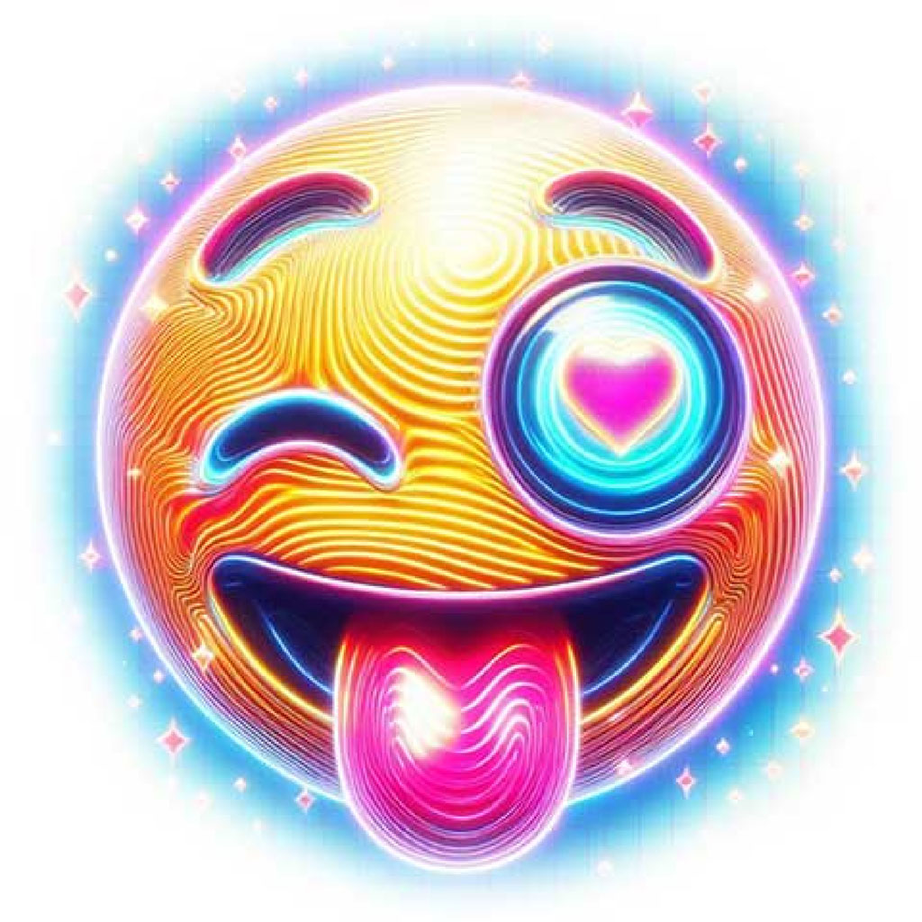 A stylized emoji with heart-shaped eyes and tongue out, emitting a neon glow.