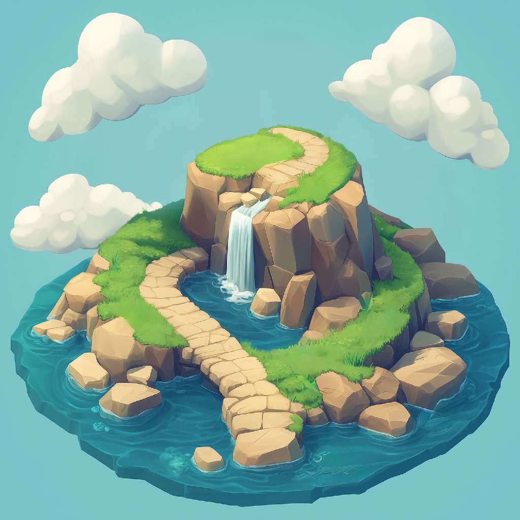 Illustration of a peaceful island with a waterfall and stone path