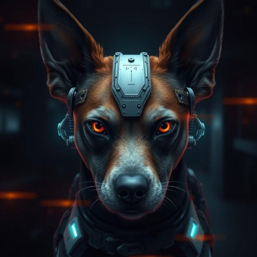 A digital artwork of a woman wearing a black helmet with red lights and metallic faceplates.