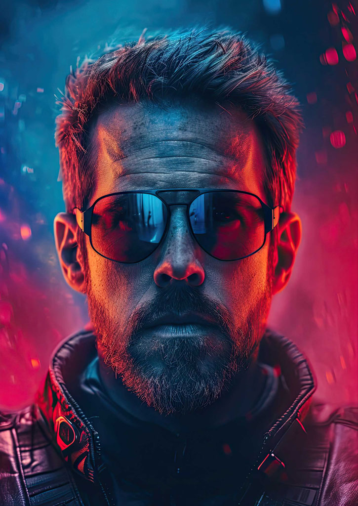 A man with sunglasses and a leather jacket against a neon-lit background