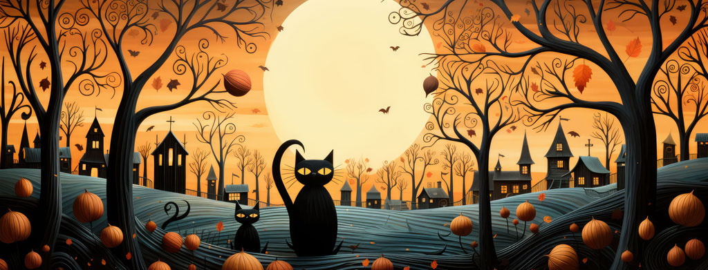 Halloween night scene with black cats in a graveyard