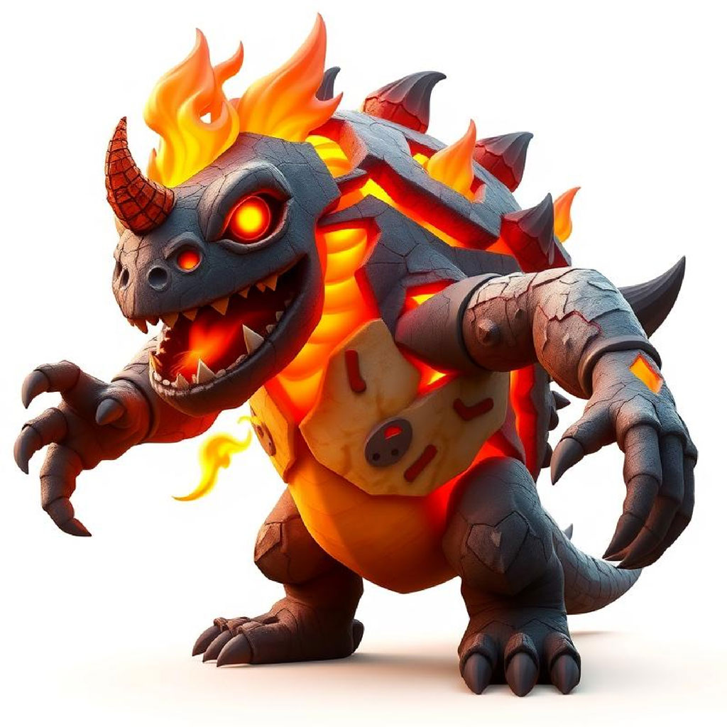 A fantasy creature with a dark, armored body and glowing orange flames.