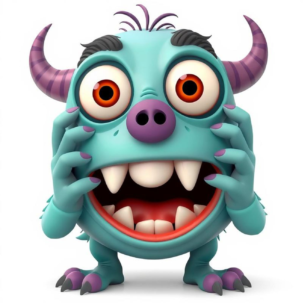A teal cartoon monster with purple horns and sharp teeth