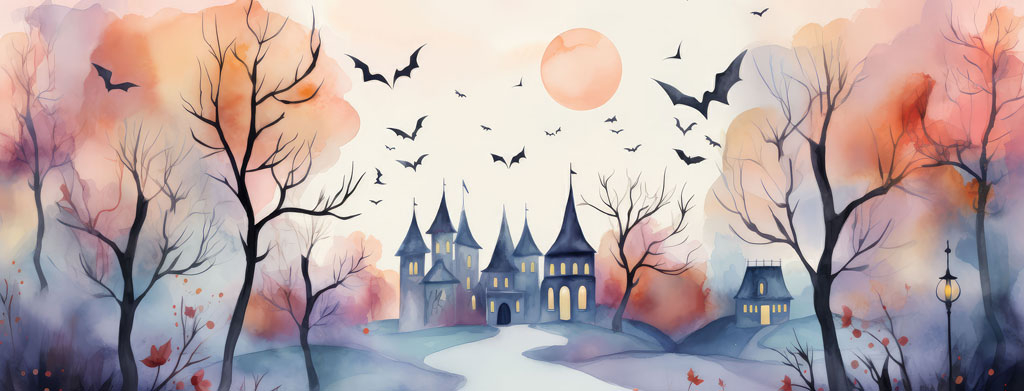 Watercolor painting of a haunted castle with bats flying around it