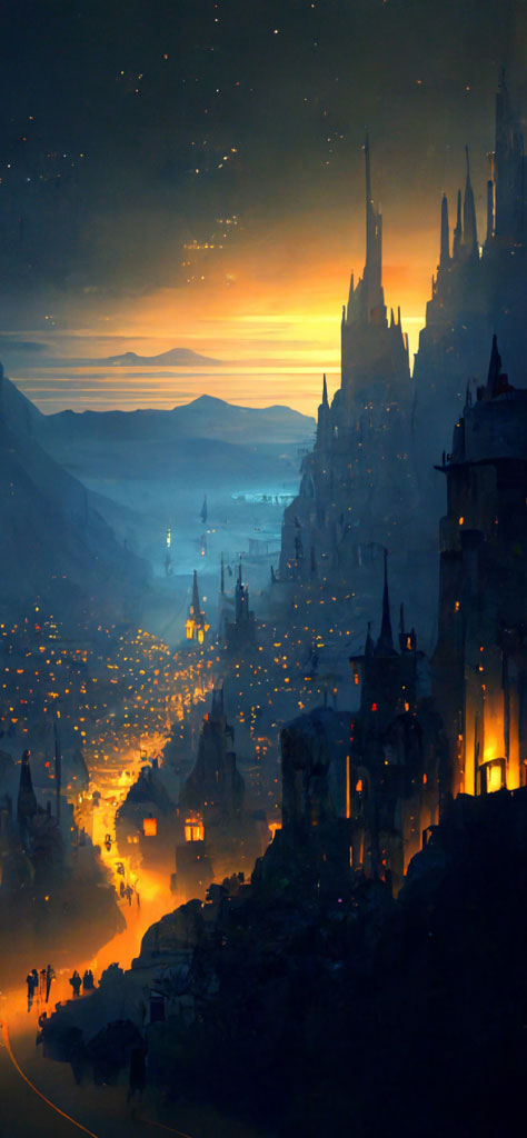 A fantasy city with tall spires and buildings, lit streets, and a vibrant orange and yellow sunset in the background.