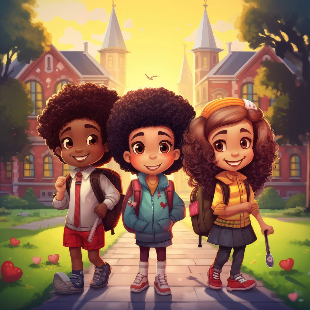 Three cartoon children with backpacks standing on a pathway leading to a school building