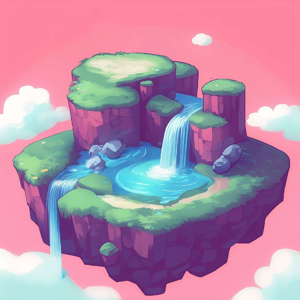 A cartoon-style floating island with a waterfall and greenery against a pink sky.