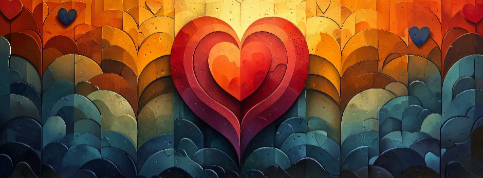 A large red heart surrounded by smaller hearts on a gradient background