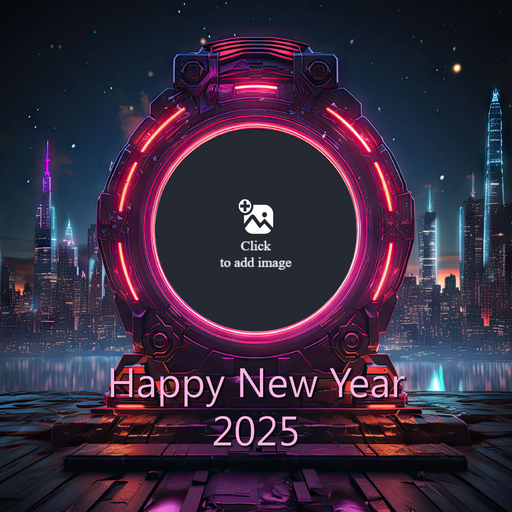 Futuristic cityscape with a large, neon-lit portal and 'Happy New Year 2025' text