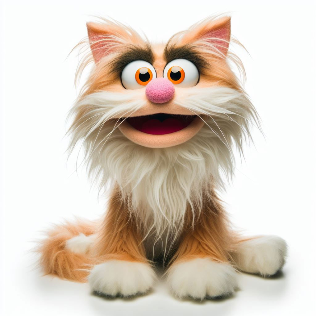 A smiling cartoon cat with orange and black fur, large green eyes, and a pink nose.