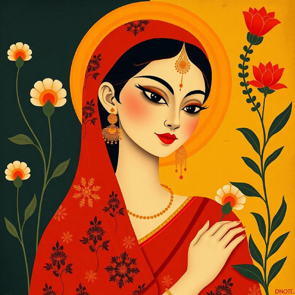Illustration of a woman in red sari with flowers