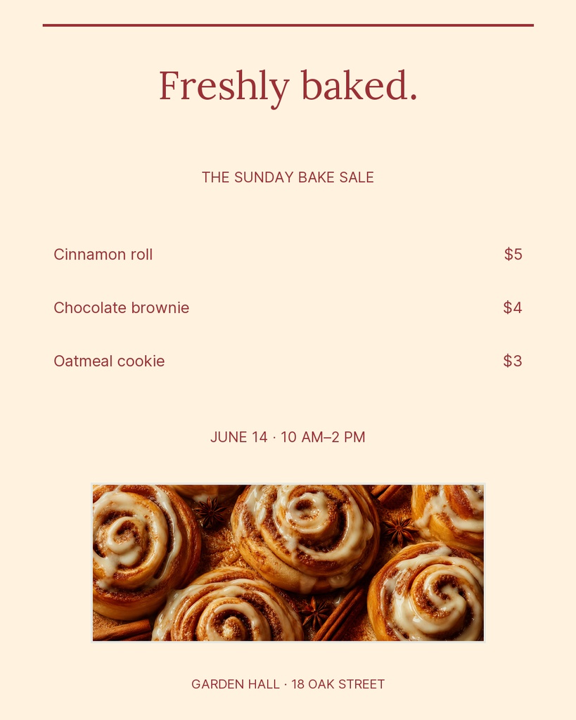 Portrait bake sale menu with cinnamon rolls, brownies, cookie prices, and a pastry photo