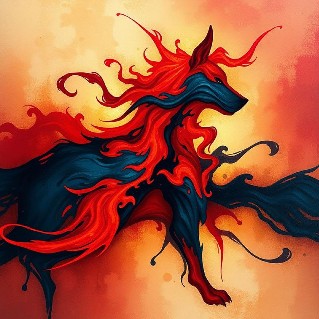 Woman in a red dress with flowing black hair against an abstract background.