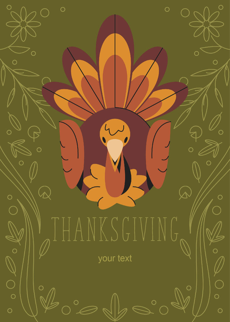 Illustration of a stylized turkey with a floral headdress on a green background.