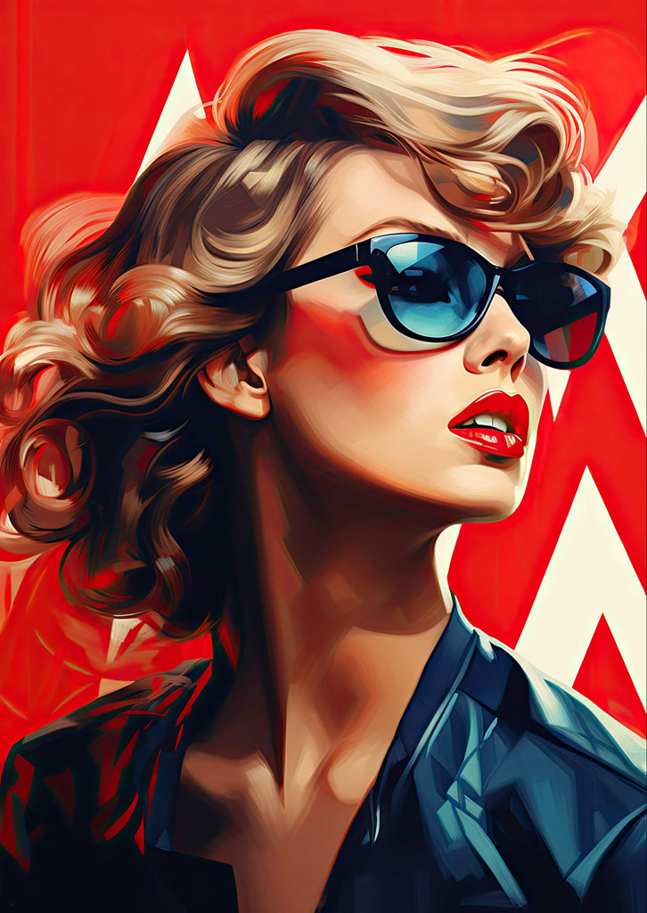 A pop art style image of a woman wearing sunglasses with a red and white background.