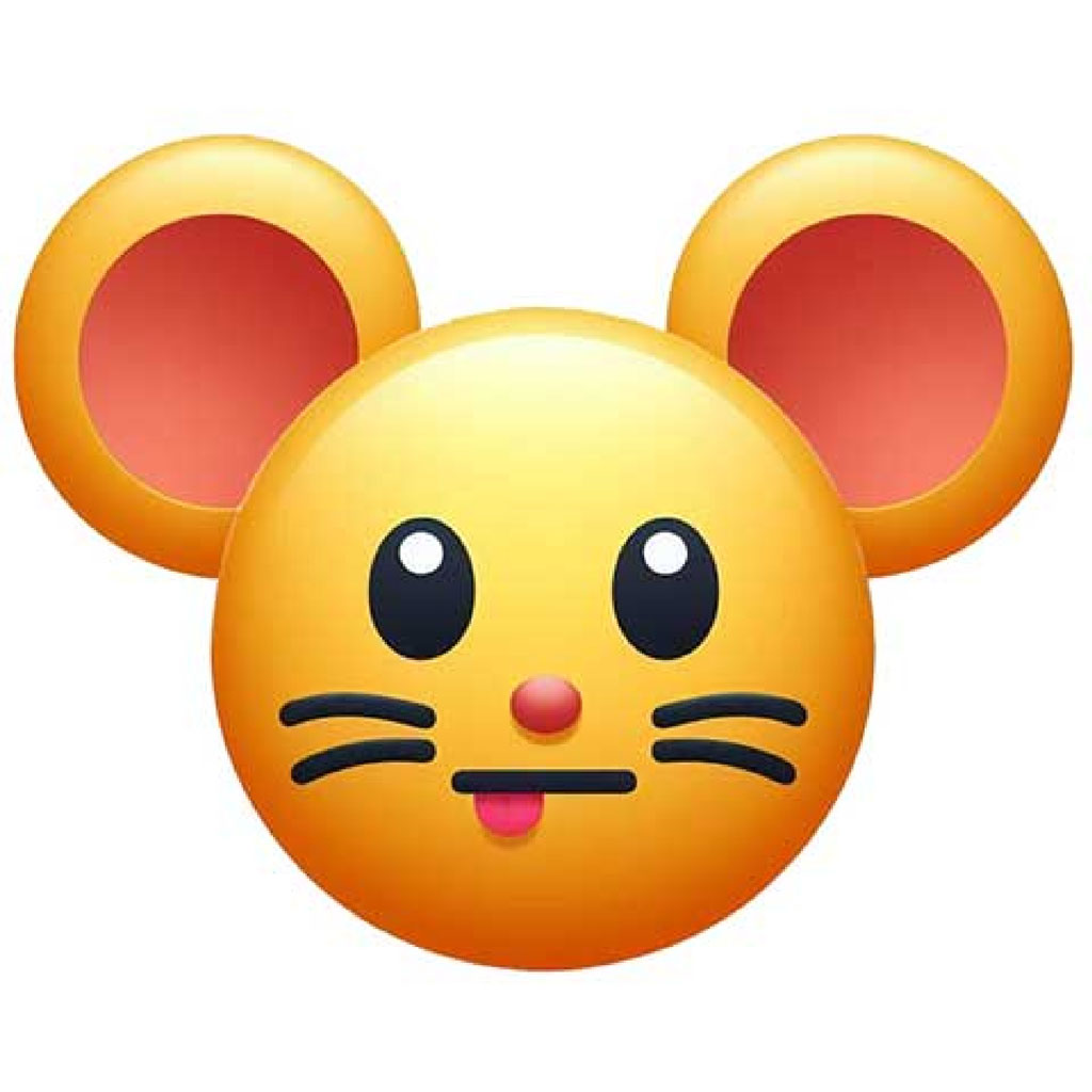 A cartoon mouse with white fur, pink inner ears, and a long pink tail.