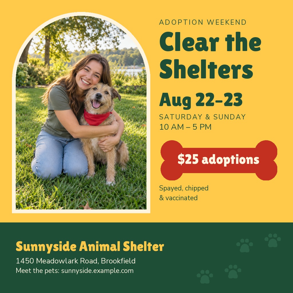Square adoption weekend post with a smiling woman hugging a dog beside event details.