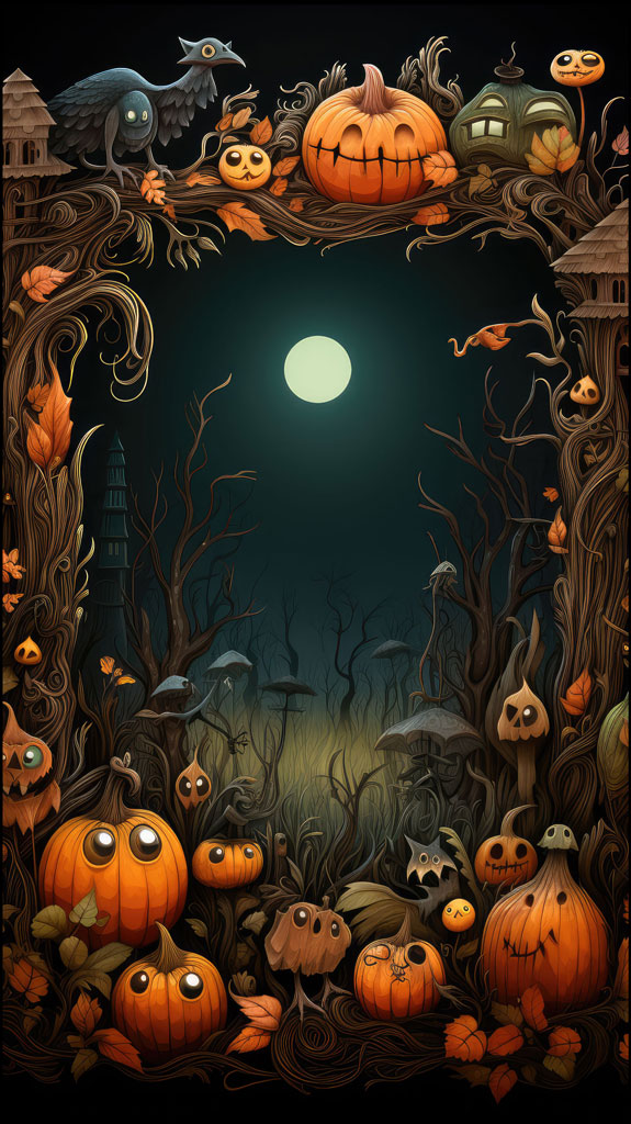 A dark Halloween scene with pumpkins and a full moon in the background.