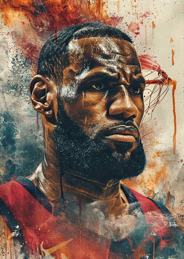 Artistic portrait of LeBron James with a mix of red, orange, and blue hues