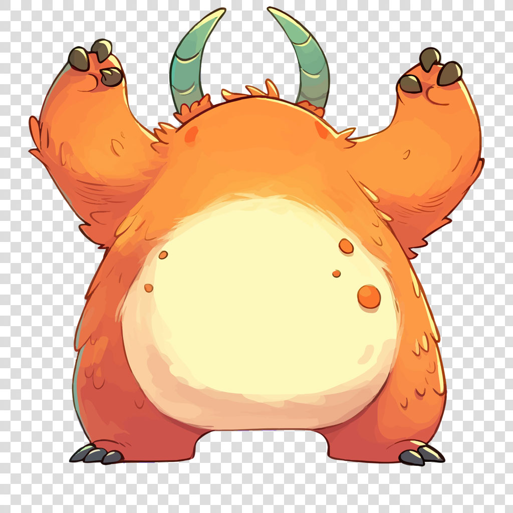 A cartoon illustration of an orange monster with horns and a big belly