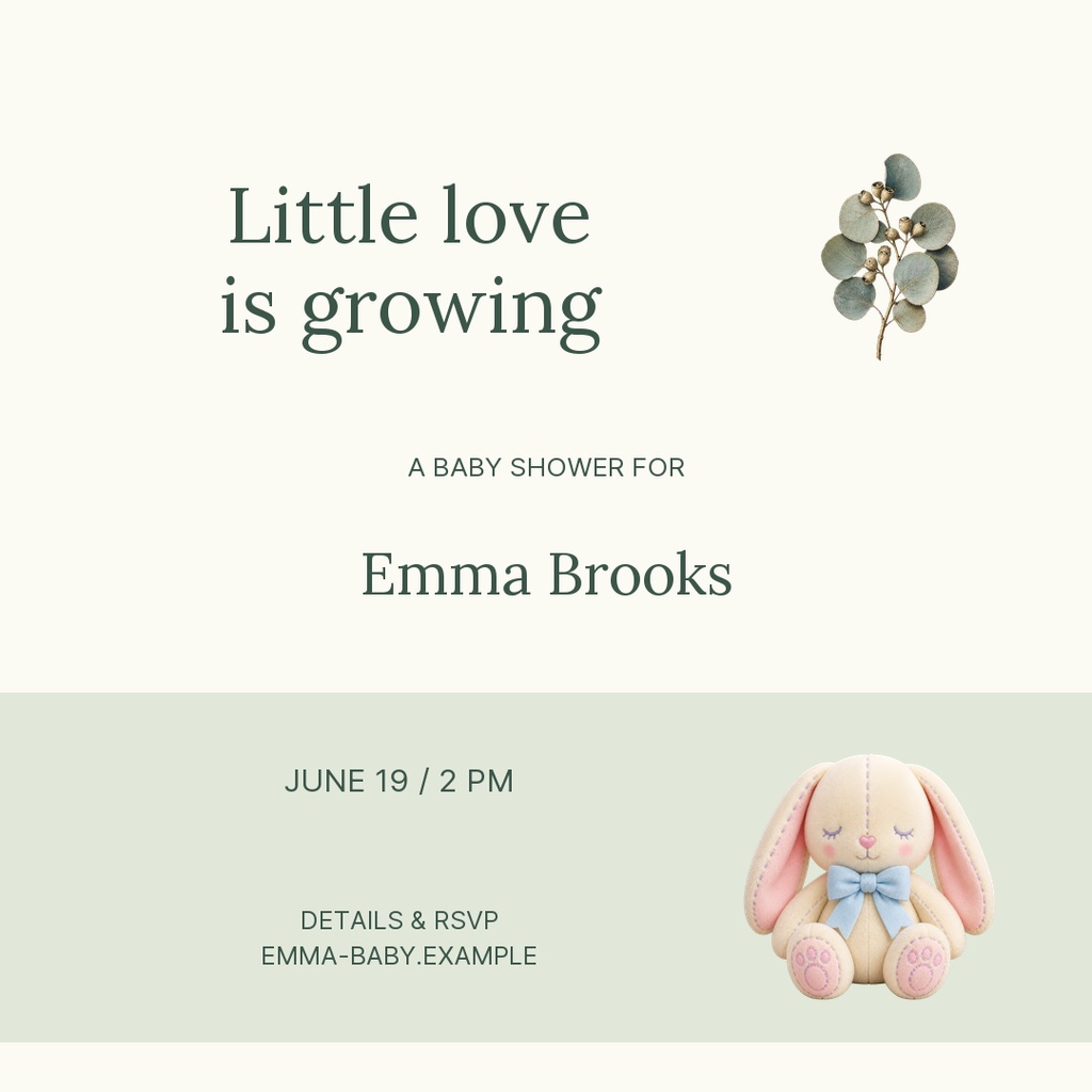 Square baby shower invitation with sage accents, bunny illustration, and eucalyptus sprig