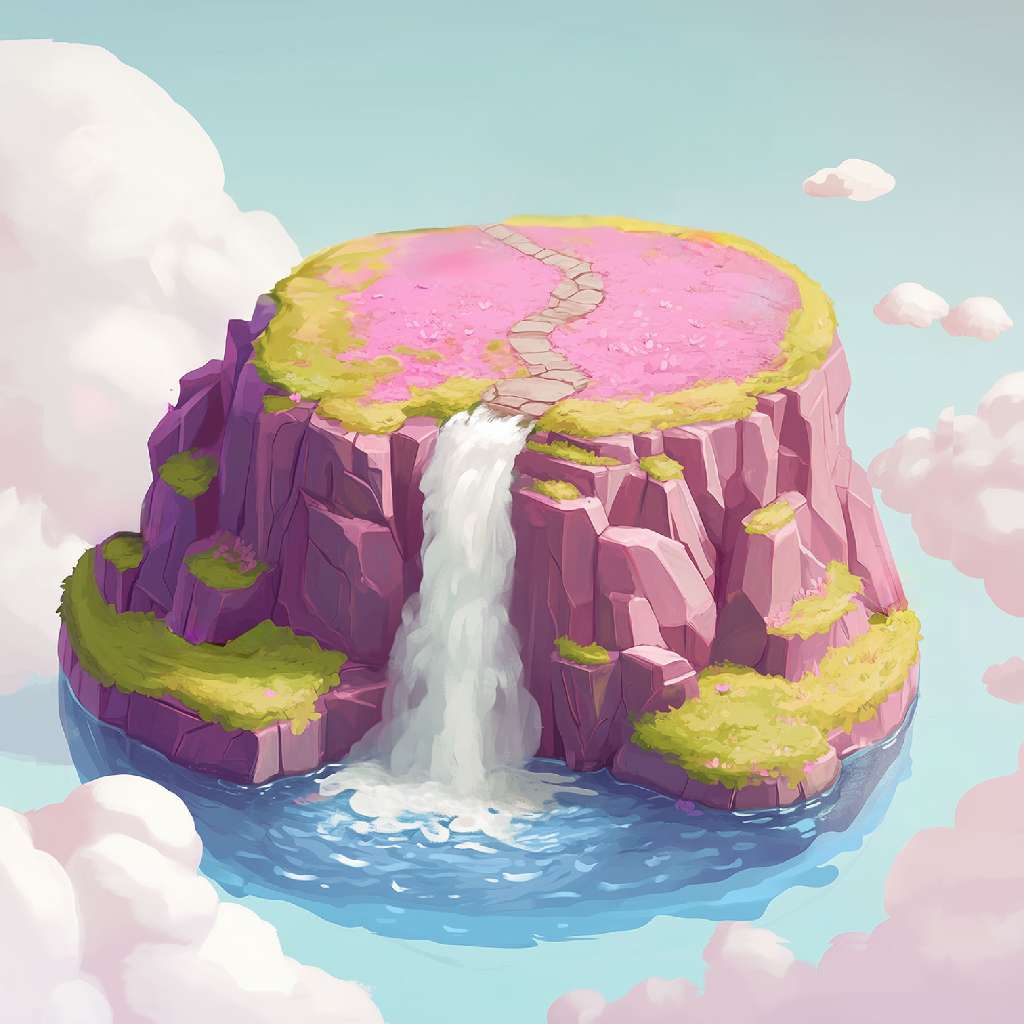 A cartoon-style illustration of a pink and purple island floating in the sky with a waterfall flowing into a body of water below.