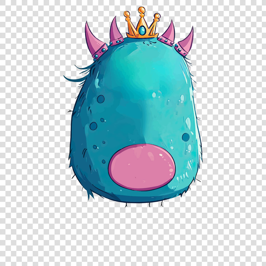 A cartoon illustration of a teal monster with a pink nose and a gold crown on its head.