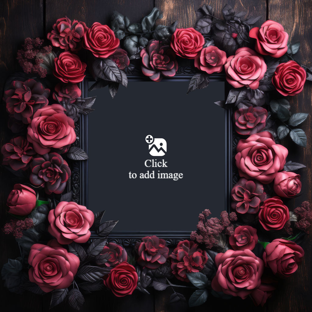 A dark wooden frame surrounded by red roses and dark leaves