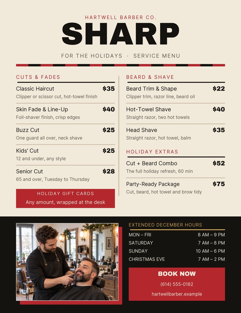 Barber service menu with haircut prices, beard trim options, holiday hours, and a booking section