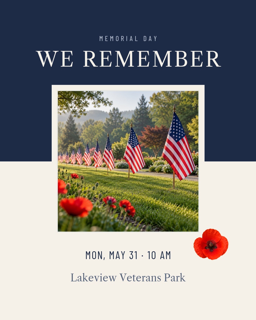 Portrait Memorial Day post with patriotic text, flag photo, and event details.