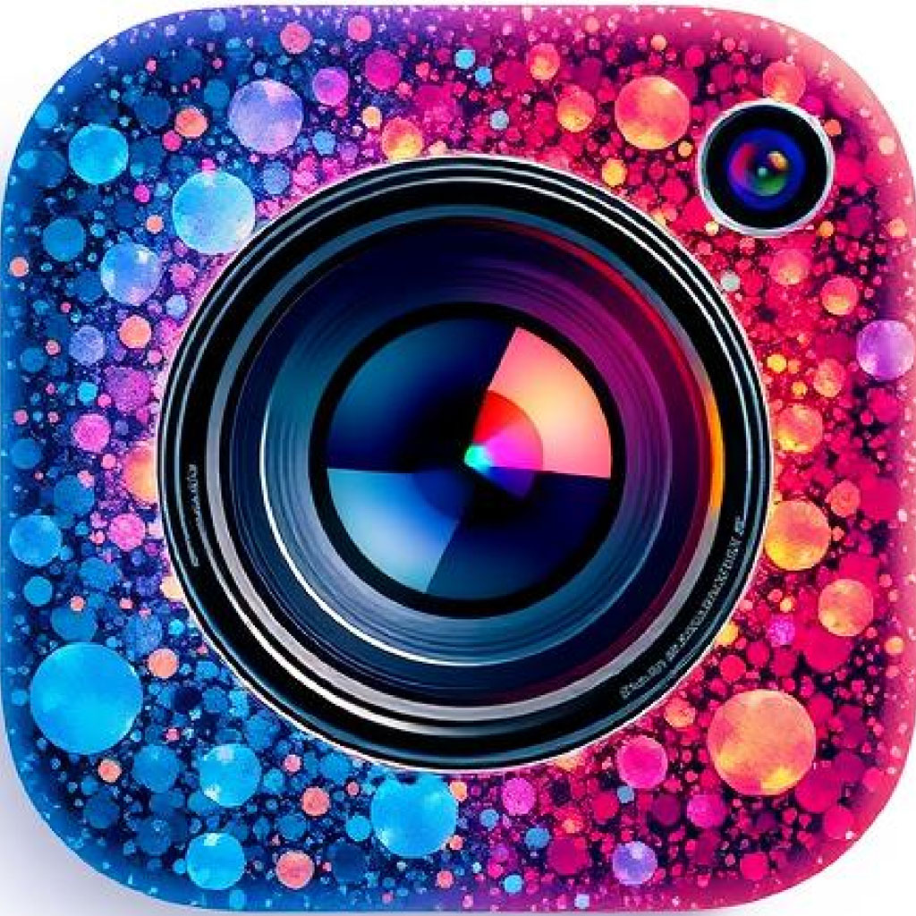 A stylized camera lens with a colorful background and a smaller secondary lens.