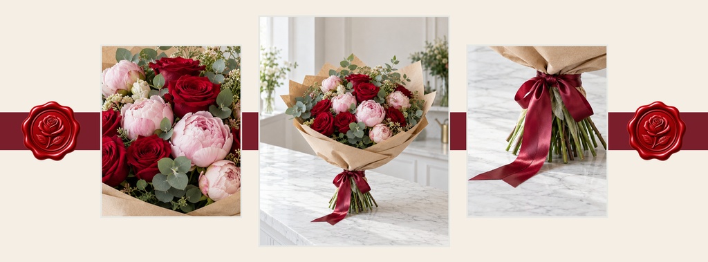 Three-panel floral cover design with pink and red roses wrapped in paper and ribbon.
