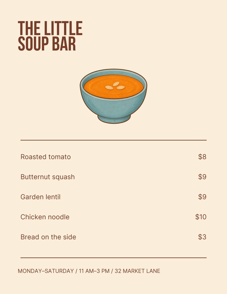 Preview for The Little Soup Bar Letter Menu / Price List Template