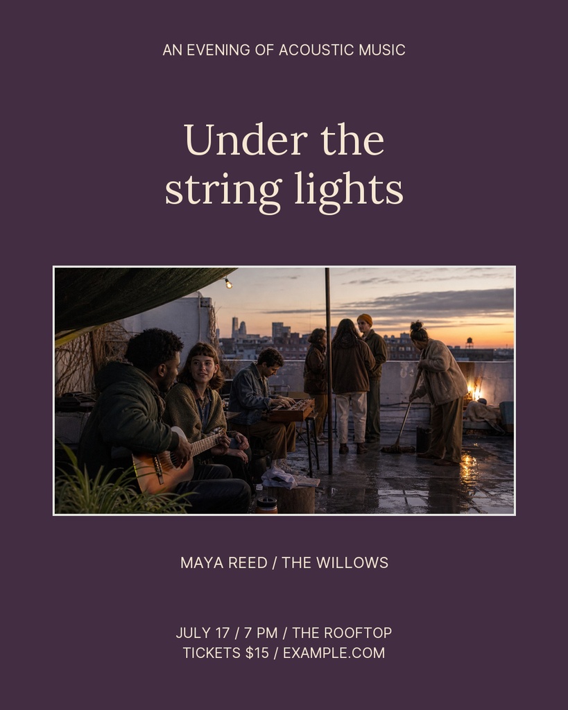 Portrait concert poster with acoustic musicians under string lights at sunset.