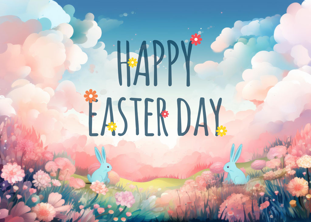 Easter greeting with cartoon bunnies and colorful flowers