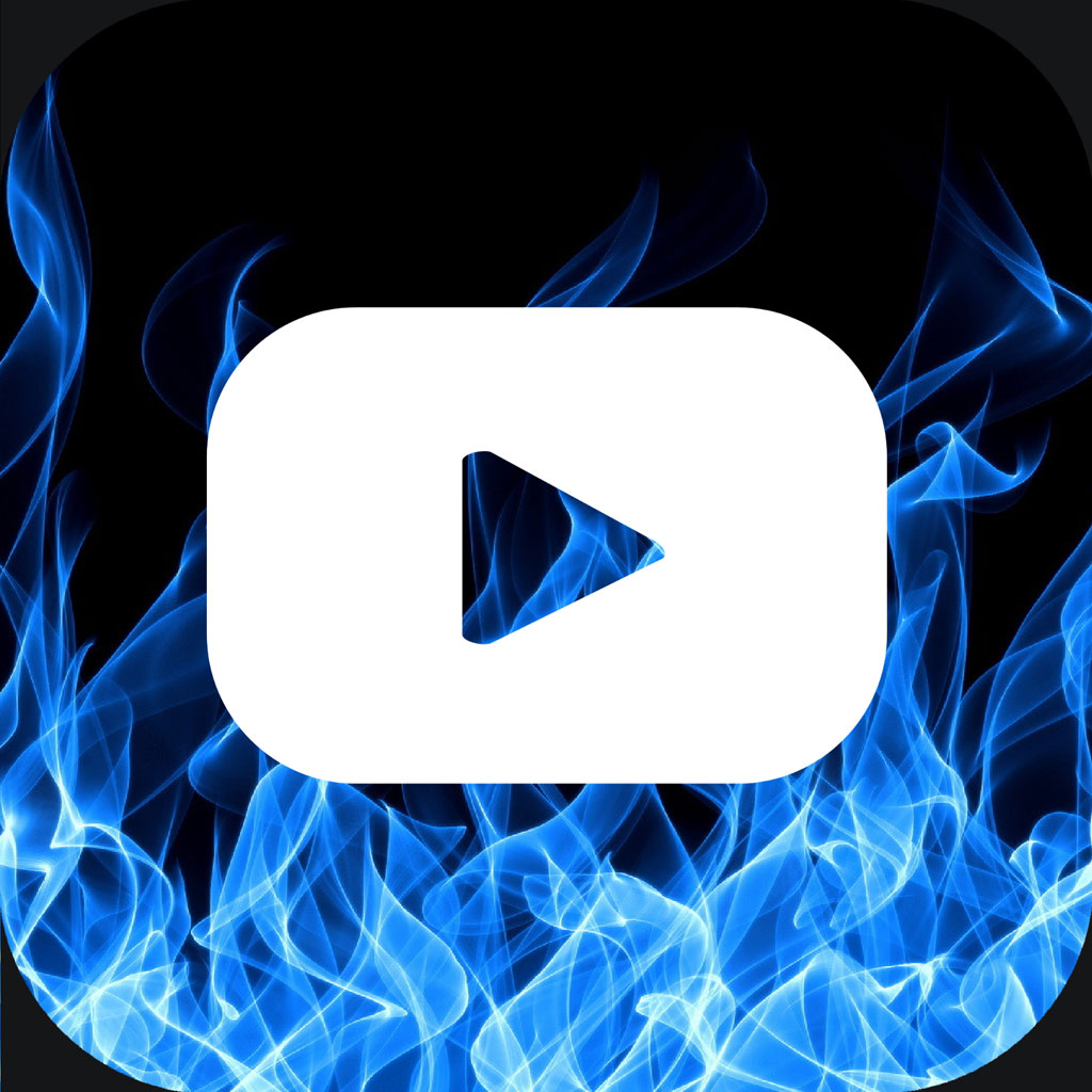 YouTube play button icon engulfed in blue flames