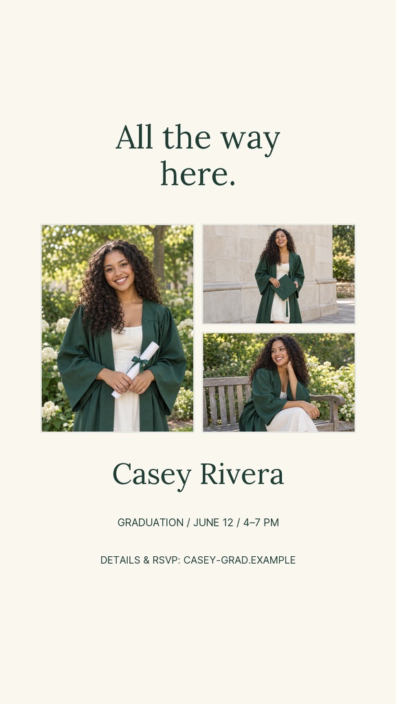 Graduation story template with three senior portraits and the text All the way here.