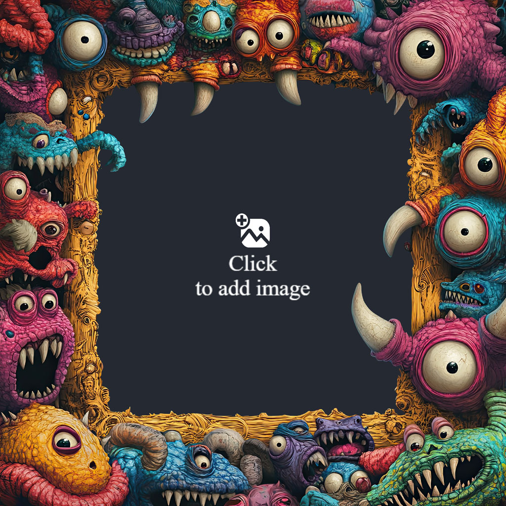A frame composed of diverse, colorful monsters with a dark center.