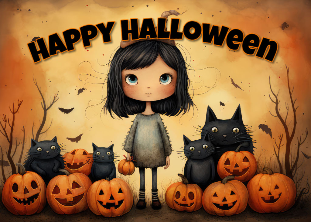 Cartoon girl with black cats and pumpkins on Halloween