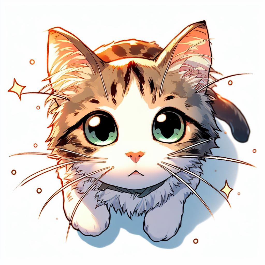 Illustration of a calico cat with green eyes and orange and brown markings
