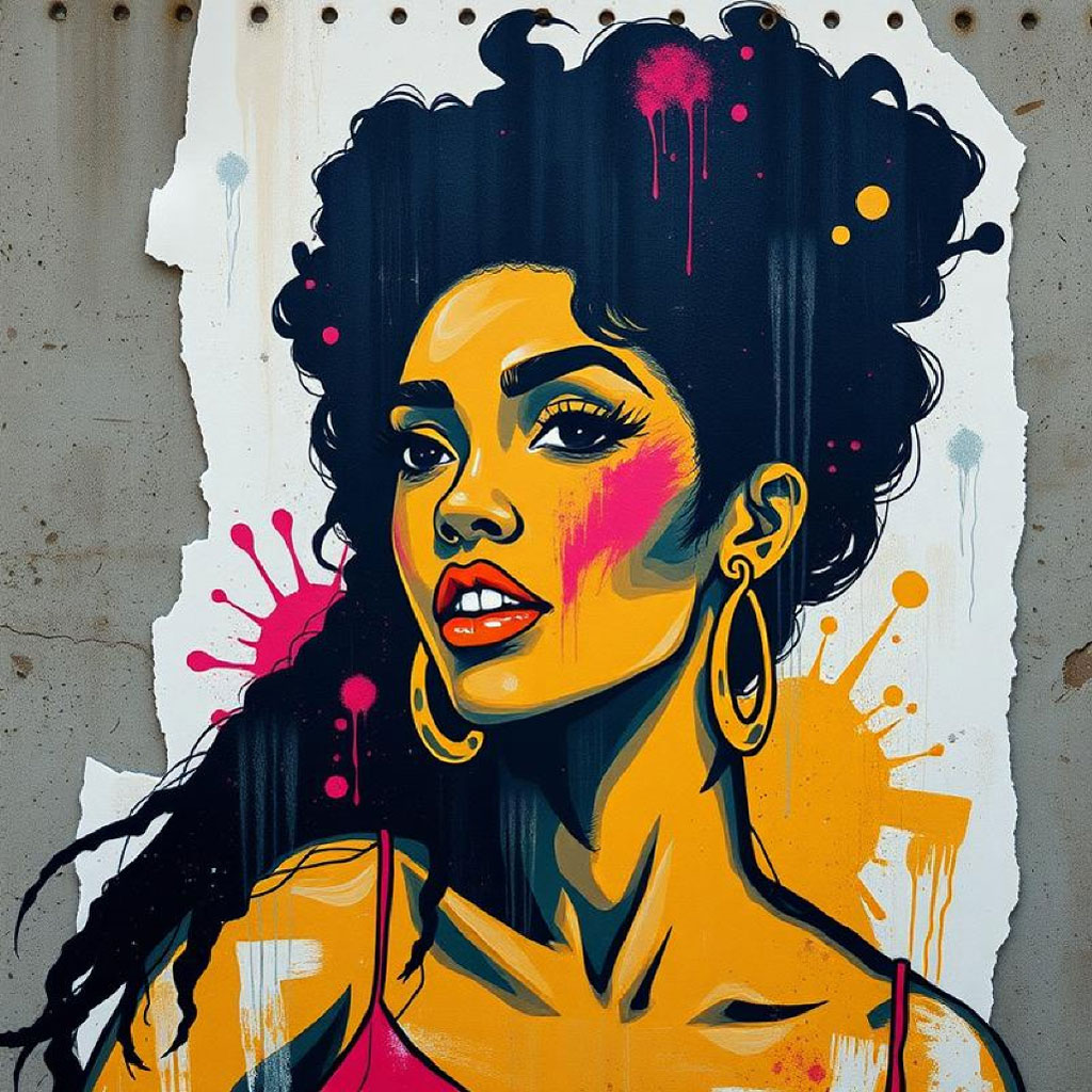 Street art portrait of a woman with curly hair and bold makeup