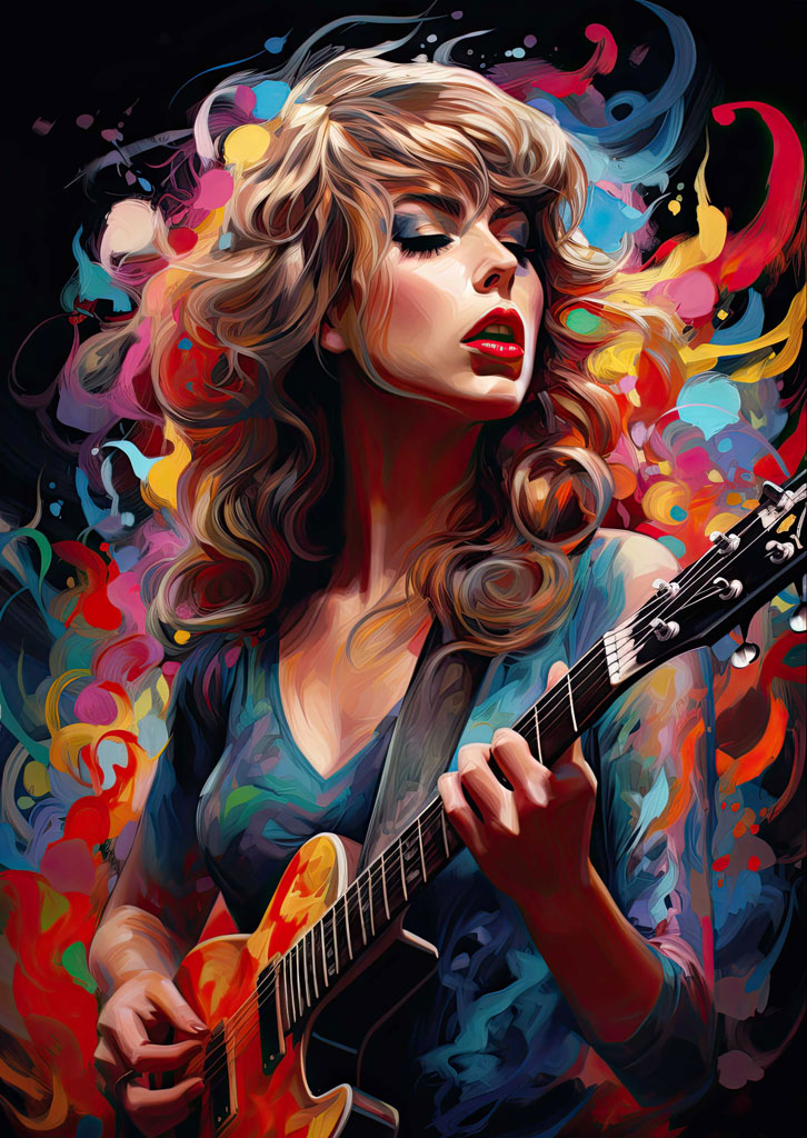 Woman playing guitar in a vibrant, abstract art style