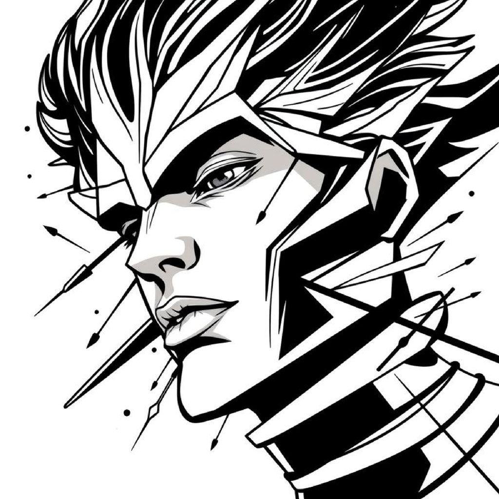 Futuristic character illustration with sharp lines and geometric shapes