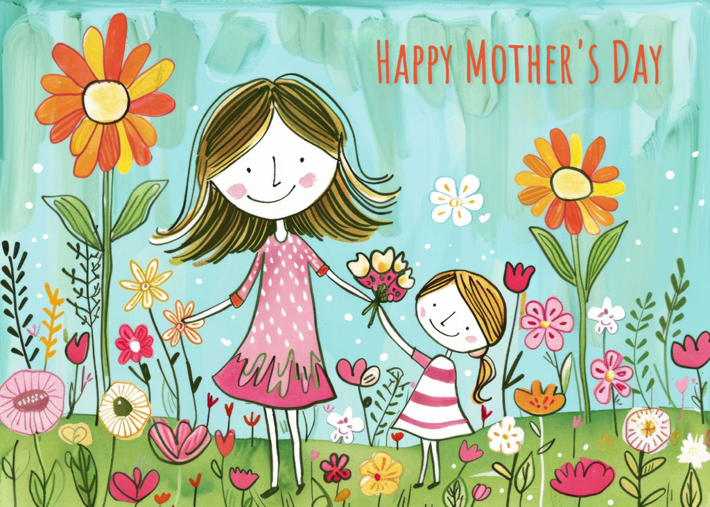 Cartoon mother and daughter in a garden with flowers