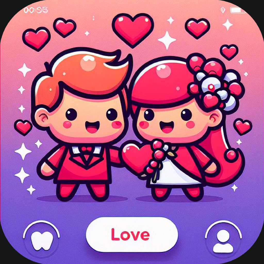 Cartoon couple holding hearts with a pink and purple background