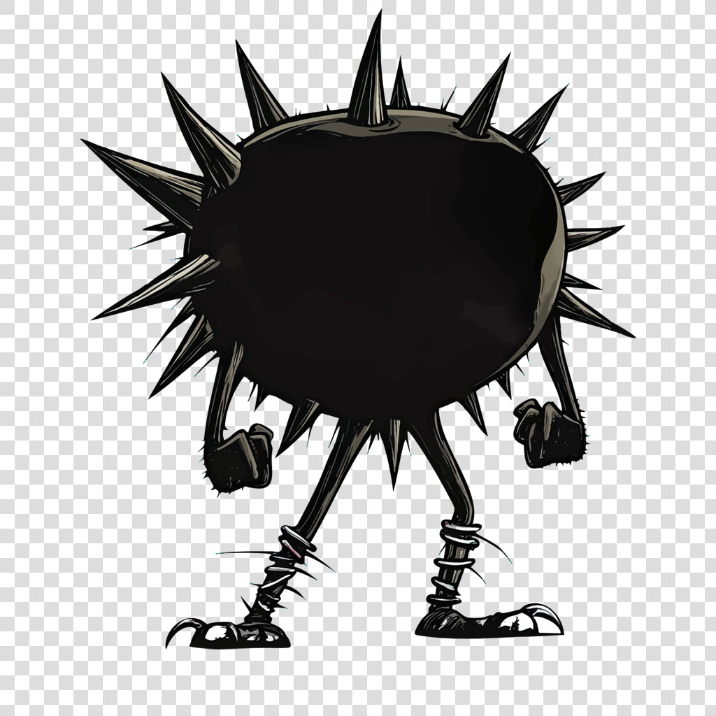A cartoon character with a round, spiky body and legs
