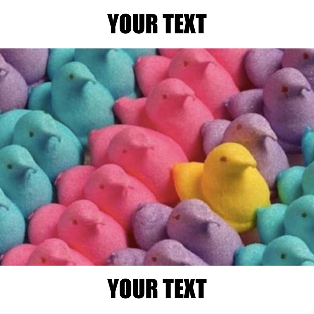 A pile of pastel-colored Peeps marshmallow candies with one yellow Peep