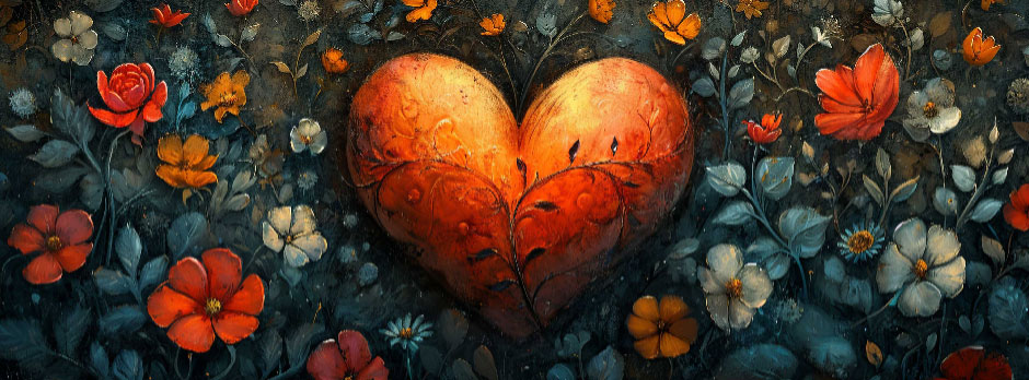 A large, orange heart with floral patterns is centered among various colored flowers and leaves.