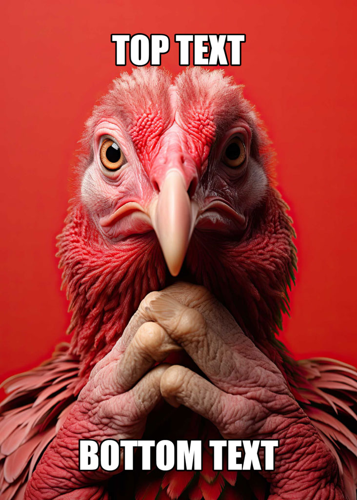 A red chicken with its hand on its chin against a red background