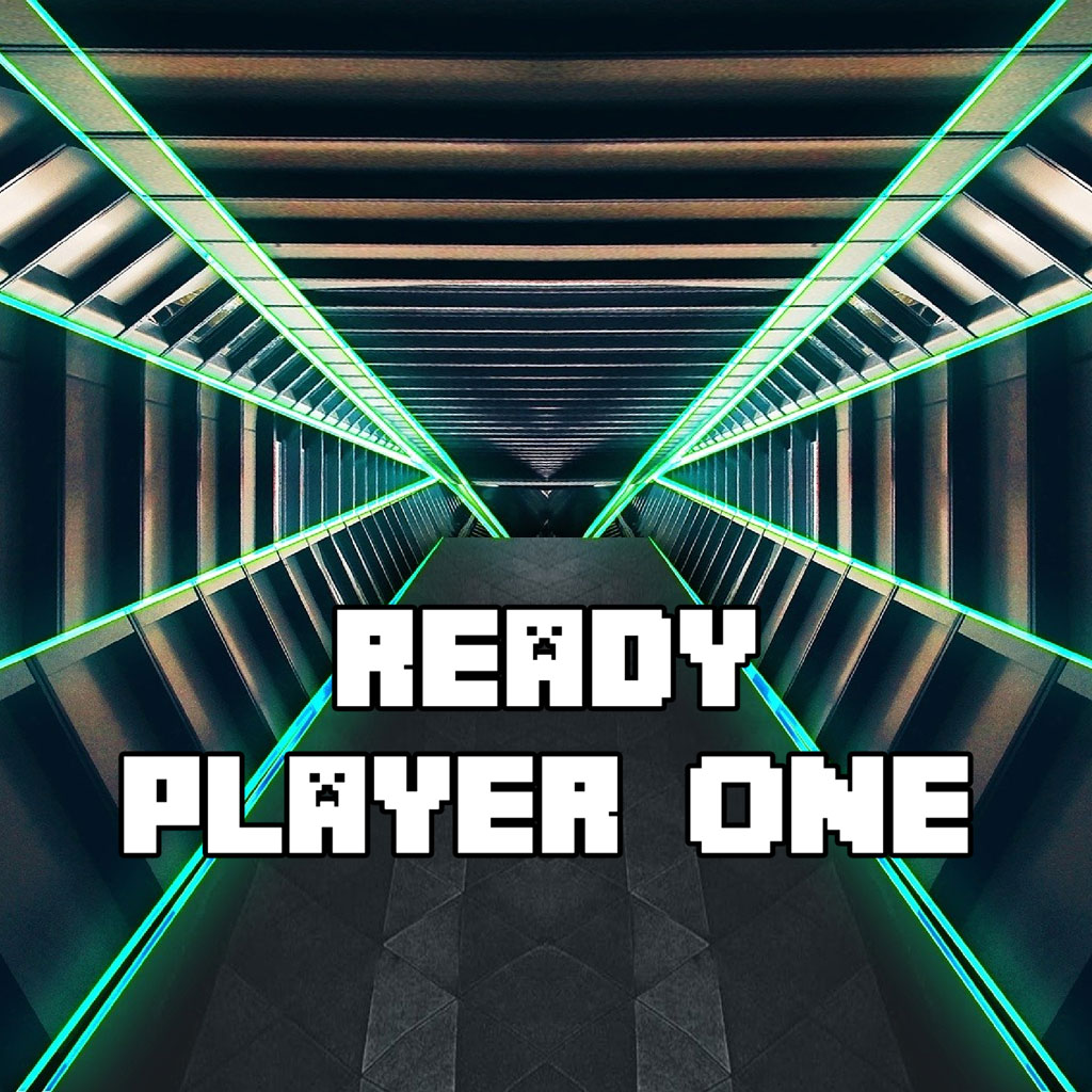 Futuristic corridor with neon green lines and 'Ready Player One' text